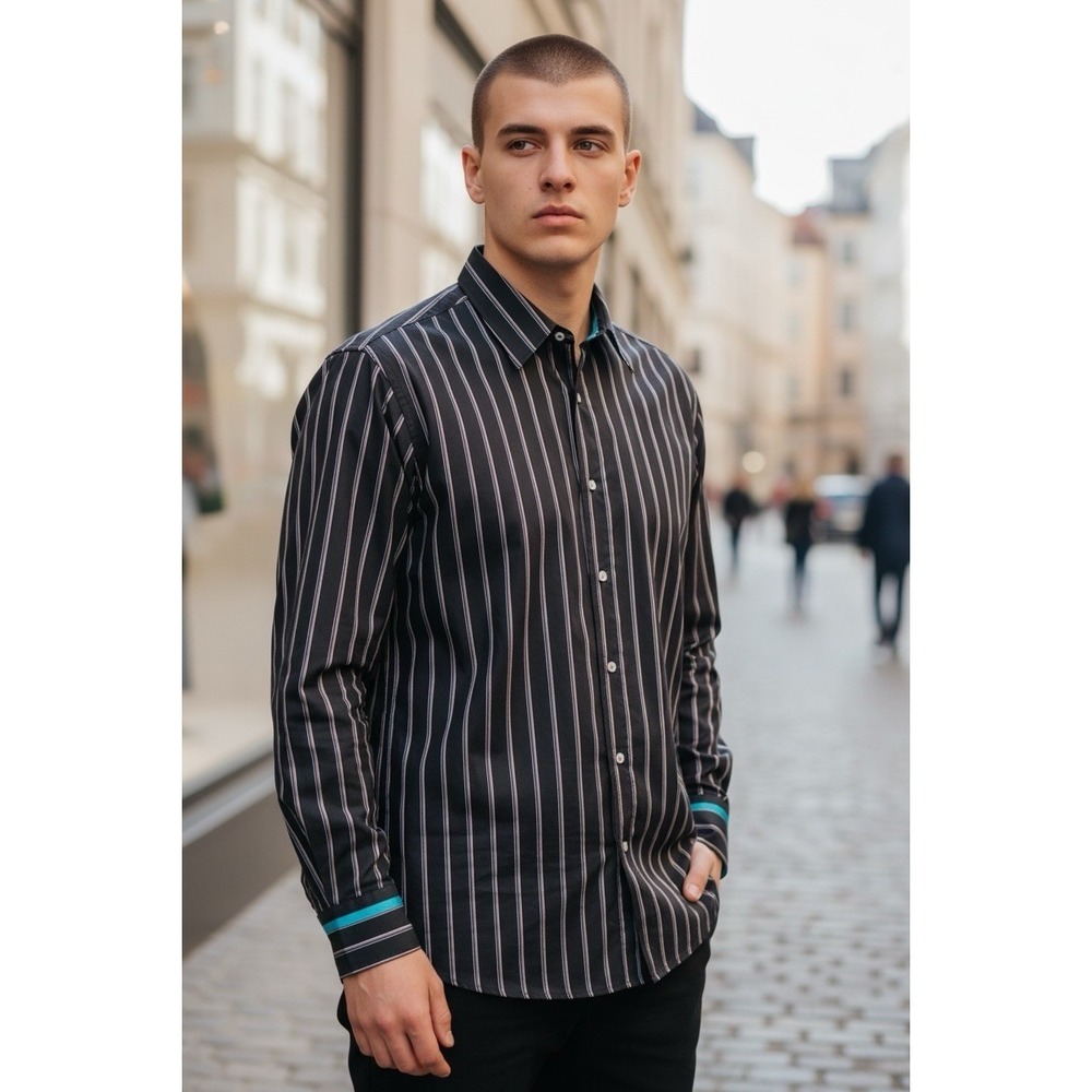 Versus Versace Mens Striped Button Up Shirt IT 48 M‎ Black Made In Italy